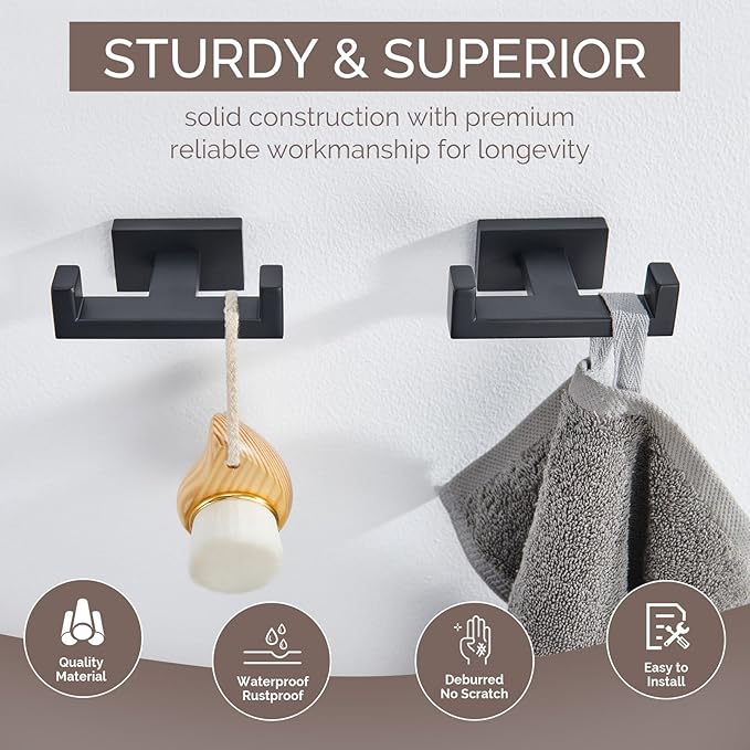 Angle Simple Bathroom Towel Hooks, Stainless Steel Shower Double Robe Coat Hooks for Wall, Matte Black, 2 Pack