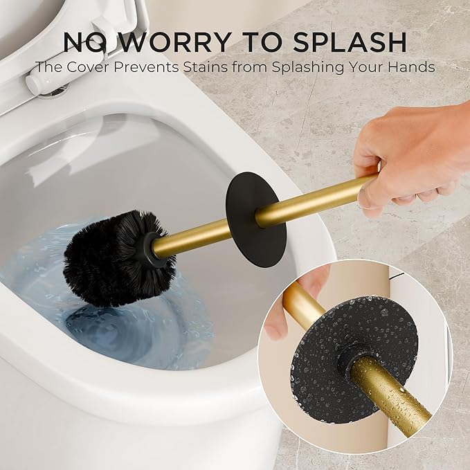 FORIOUS Toilet Brush and Holder Set, Heavy Duty 304 Stainless Steel Base Square and Long Handle for Bathroom Deep Cleaning, Drip-Proof, Space Saving for Storage, 2 Toilet Bowl Brush Head, Dark Gold