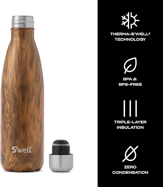 S'well Stainless Steel Water Bottle, 17oz, Teakwood, Triple Layered Vacuum Insulated Containers Keeps Drinks Cold for 36 Hours and Hot for 18, BPA Free, Perfect for On the Go