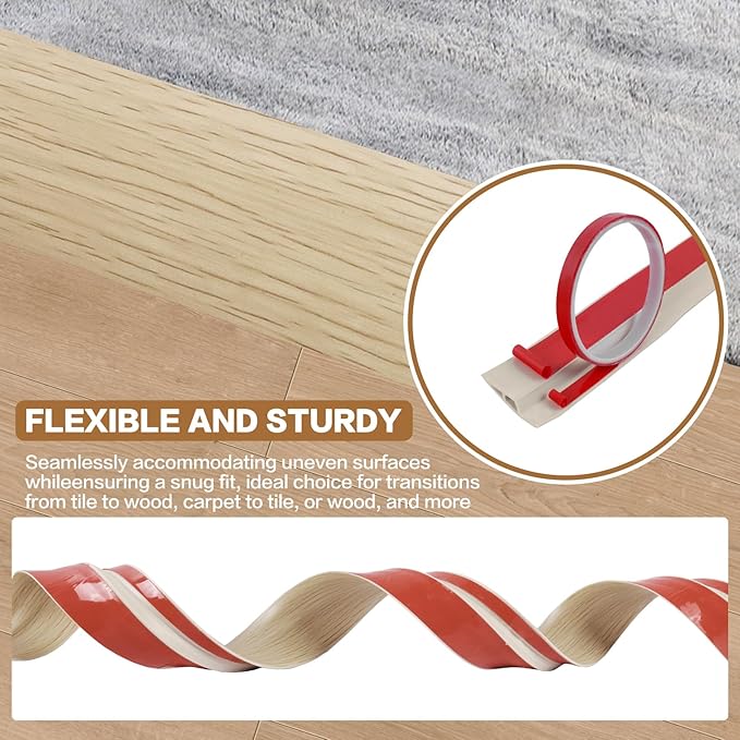 Floor Transition Strip Vinyl Door Threshold Ramp Self Adhesive Carpet Edging Strip Doorway Edge Trim, Overlap Edge Reducer for Laminate Carpet, Floor, Tile (Yellow Wood, 2/5" to 3/5", 6.6Ft)