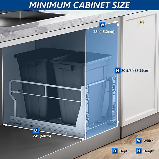 Insputer Double 40QT Pull Out Trash Can Under Cabinet, Heavy Duty Under Sink Garbage Bin Kit with Soft-Close Slides for Kitchen, Laundry, Requires Minimum Cabinets Opening 18" W X 24" D