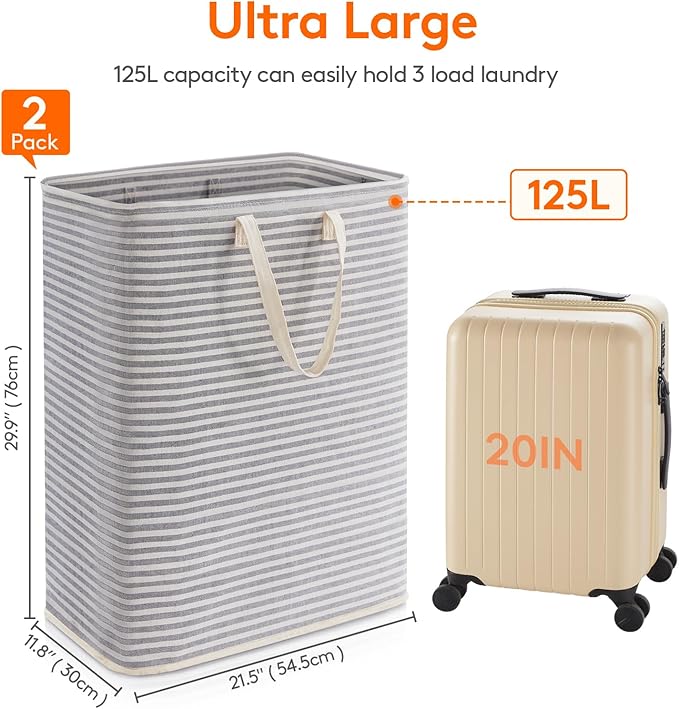 Lifewit 2 Pack Laundry Hamper Large Collapsible Laundry Baskets, Freestanding Waterproof Clothes Hamper with Easy Carry Handles in Laundry Room Bedroom Bathroom College Dorm for Adults, Grey, 2 x 125L