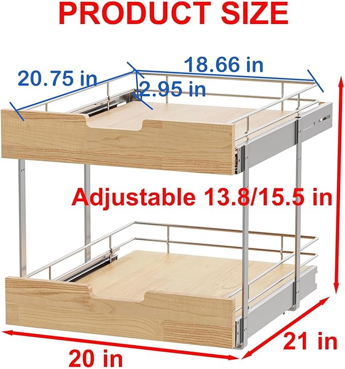 Pull Out Cabinet Organizer,Heavy-Duty Slide Out Shelf, Wood and Wire Basket, Pull Out Drawer for for Kitchen Under Sink Space, Pantry, Bathroom, 2 Tie 20 * 21 in