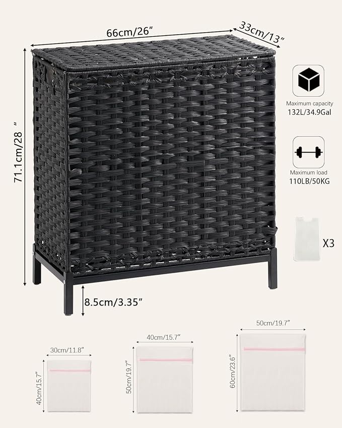 Laundry Hamper with Lid 132 L, (35 Gallons) Clothes Hamper with Lid, Handwoven Rattan Laundry Hamper with Metal Heightened Feet, Laundry Hampers with 3 Removable Liner Bags for Laundry-Black
