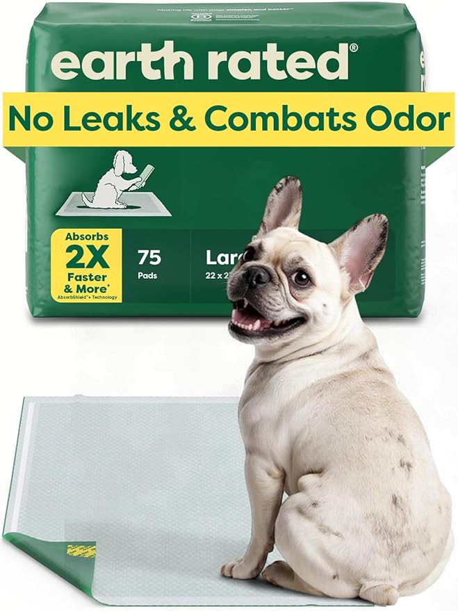 Earth Rated Max Absorbency Puppy Pee Pads for Dogs Absorbs 2X Faster & 2X More, Leak-Proof Odor-Free Potty Training Wee Wee Pad, Unscented, Large, 22” x 23”, 75 Count