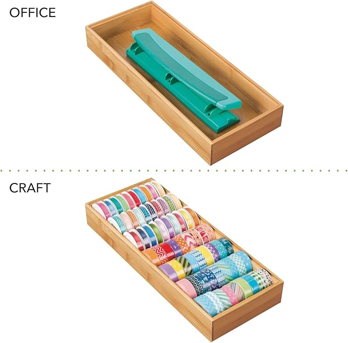 mDesign Wooden Bamboo Drawer Organizer - 15" Long Stackable Storage Box Tray for Kitchen Drawers/Cabinet - Utensil, Silverware, Spatula, and Flatware Holder - Echo Collection - 2 Pack, Natural Wood