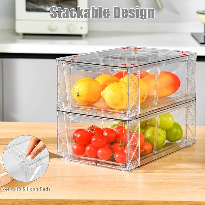 8Pack Clear Stackable Kitchen Storage Organizer,Pantry Organizers and Storage,Foods Organizer Bins with Handles, Easily Assemble for Bathroom, Kitchen, Refrigerator, Pantry, Cabinet, Closet