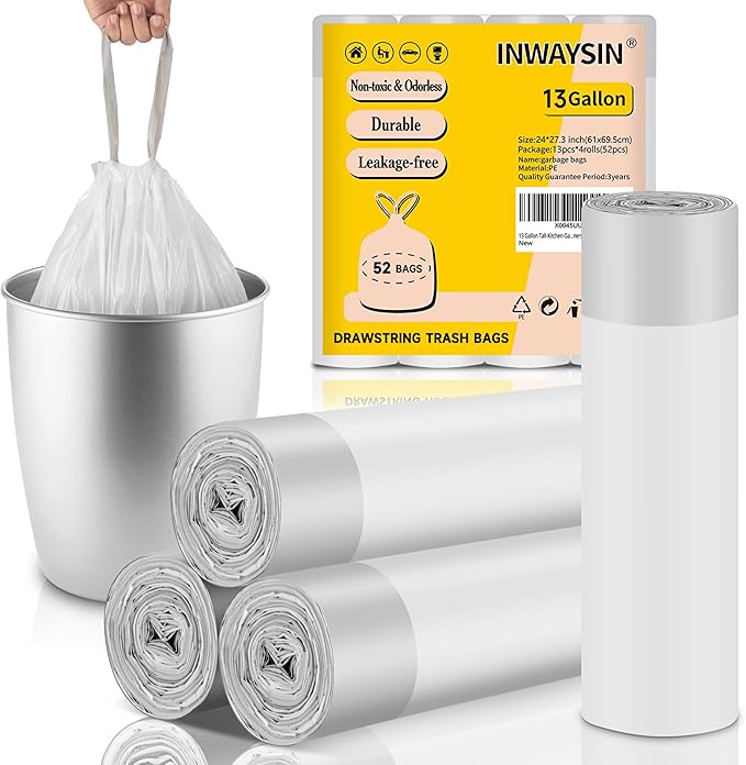 13 Gallon Tall-Kitchen-Garbage Bags Drawstring Trash-Bag - White 52 Count Large Recycling Compactor Recycle Gal Plastic Unscented Can Bulk Liners Waste Basket Inwaysin