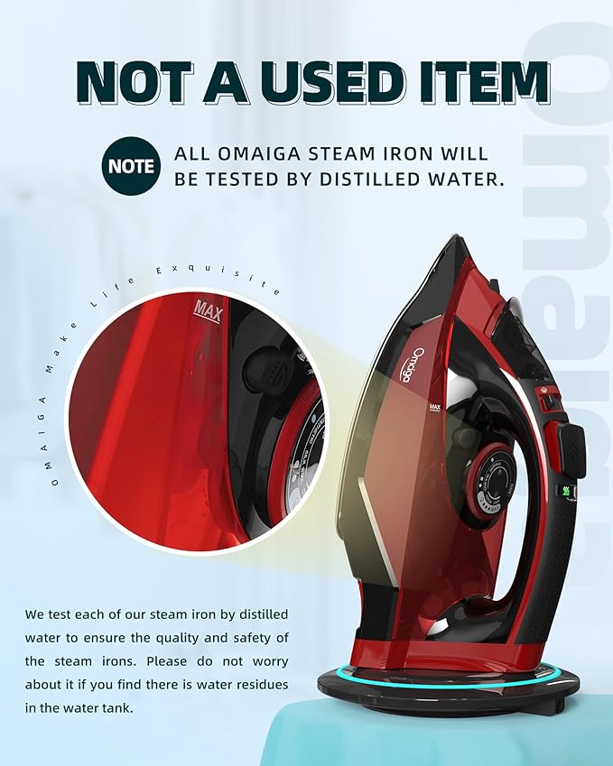 Cordless Iron for Clothes - 1500W Steam Iron with Non-Stick Ceramic Soleplate, Rapid Heating, Auto Shut Off, Burst of Steam, Self-Clean, Anti-Drip, Anti-Calc, 3 Temperature Settings, Red
