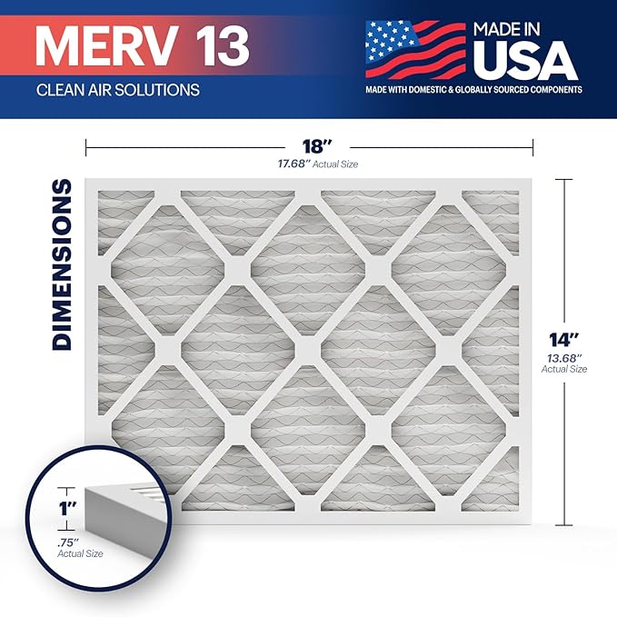 BNX TruFilter 14x18x1 Air Filter MERV 13 (6-Pack) - MADE IN USA - Electrostatic Pleated Air Conditioner HVAC AC Furnace Filters for Allergies, Pollen, Mold, Bacteria, Smoke, Allergen, MPR 1900 FPR 10