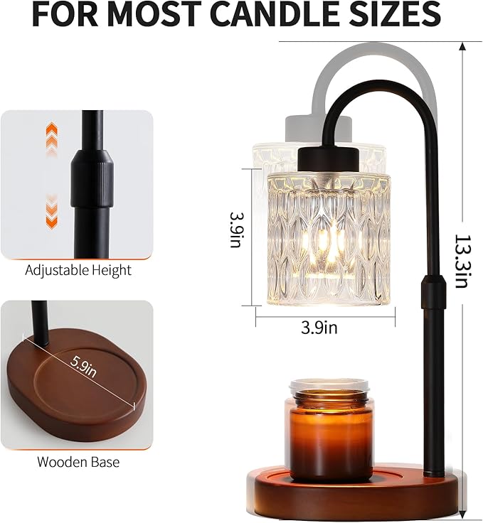 Black Candle Warmer Lamp with Dimmer and Timer,Home Decor Lamp for Scented Jar,Electric Wax Melt Warmer,Mother's Day/Birthday/Christmas Gifts for Mom/Wife,Adjustable Height,with 2 Bulbs