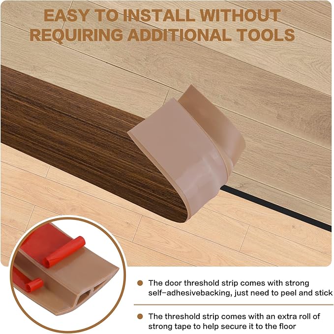 Floor Transition Strip Vinyl Door Threshold Ramp Self Adhesive Carpet Edging Strip Doorway Edge Trim, Overlap Edge Reducer for Laminate Carpet, Floor, Tile (Brown Wood Grain, 2/5" to 3/5", 6.6Ft)