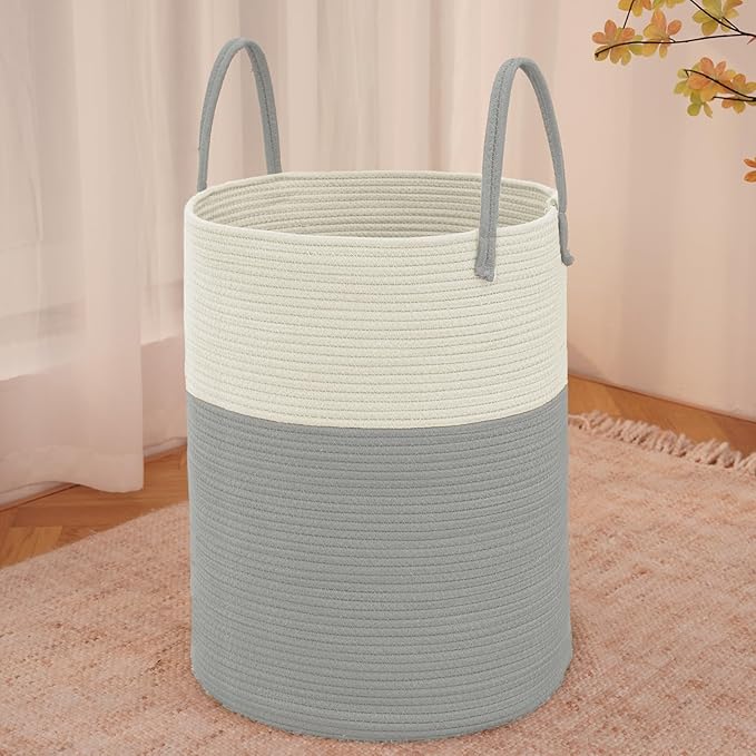 Large Woven Laundry Basket Hamper,60L Cotton Rope Storage Bin for Blankets,Toys and Clothes,Decorative Tall Nursery Hamper for Living Room,Baby Nursery,Bathroom and Bedroom,White and Grey