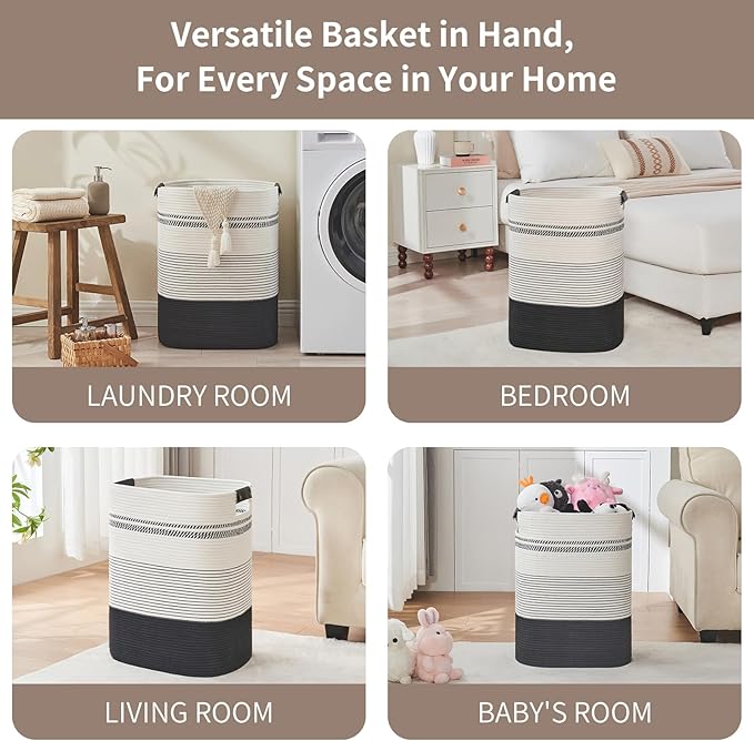 Laundry Basket with Handles - Blanket Basket & Hampers for Bedroom Aesthetic, Laundry Hamper & Blanket Storage for Living Room, Clothes Hamper, Tall, Large 17" x 14" x 22”, Black & White
