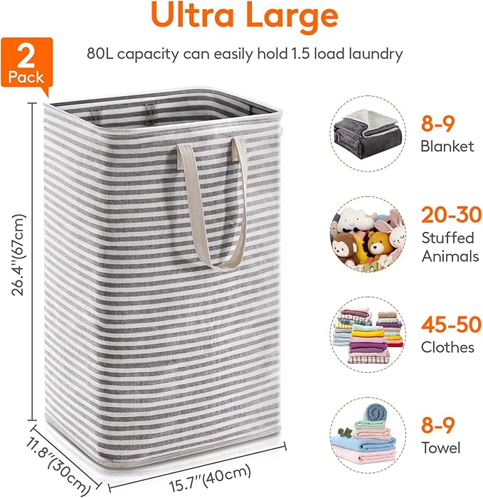 Lifewit 2 Pack Laundry Hamper Large Collapsible Laundry Baskets, Freestanding Waterproof Clothes Hamper with Easy Carry Handles in Laundry Room Bedroom Bathroom College Dorm for Adults, Black, 2 x 80L