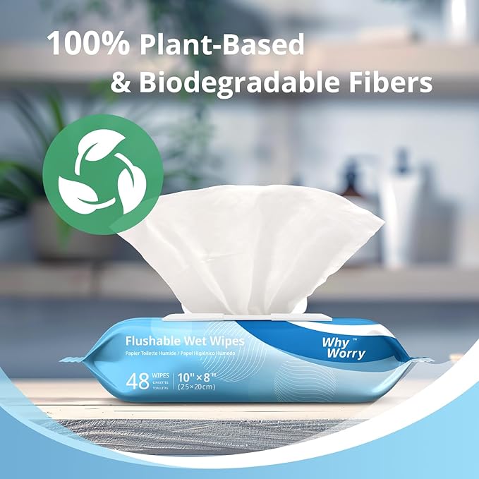 WhyWorry Flushable Wipes for Adults, Extra Large 8"x10" Butt Wipes for Personal Hygiene & Cleansing, Chamomile and Vitamin E, 100% Plant-Based, Septic & Sewer Safe, Sea Incense, 384 Count (8 Packs)