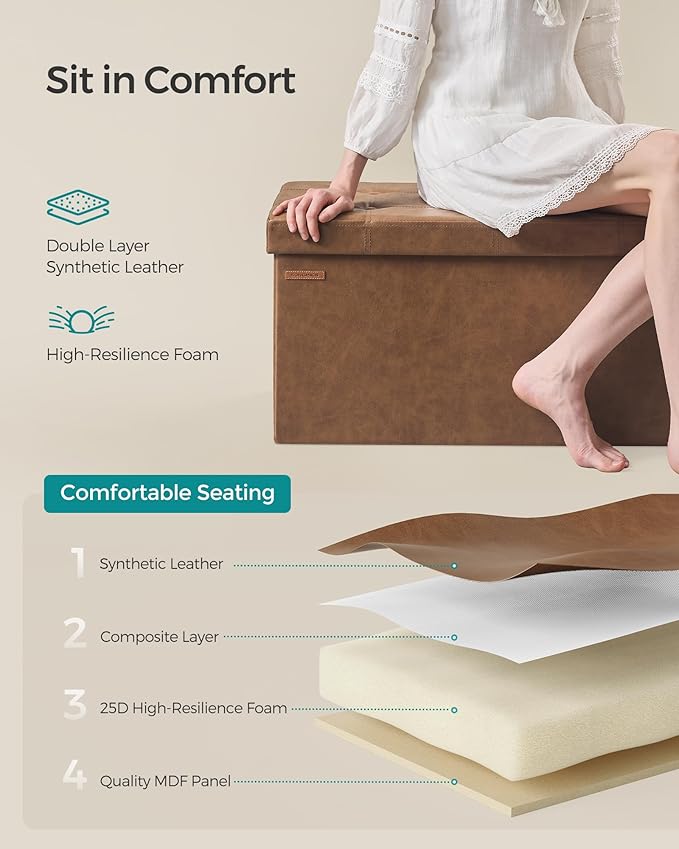 SONGMICS Mazie Collection - 30 Inches Folding Storage Ottoman Bench, Ottoman with Storage, Foot Rest Stool, Load 660 lb, for Living Room, Synthetic Leather, Coffee Brown ULSF040K11