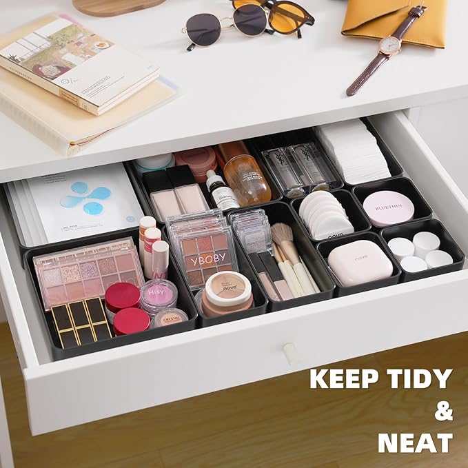 11-Piece Stackable Drawer Organizer Set, Multi-size Desk Drawer Organizer Trays Vanity Storage Bins for Storing Makeup, Stationery, Utensils in Bathroom Dresser, Office and Kitchen