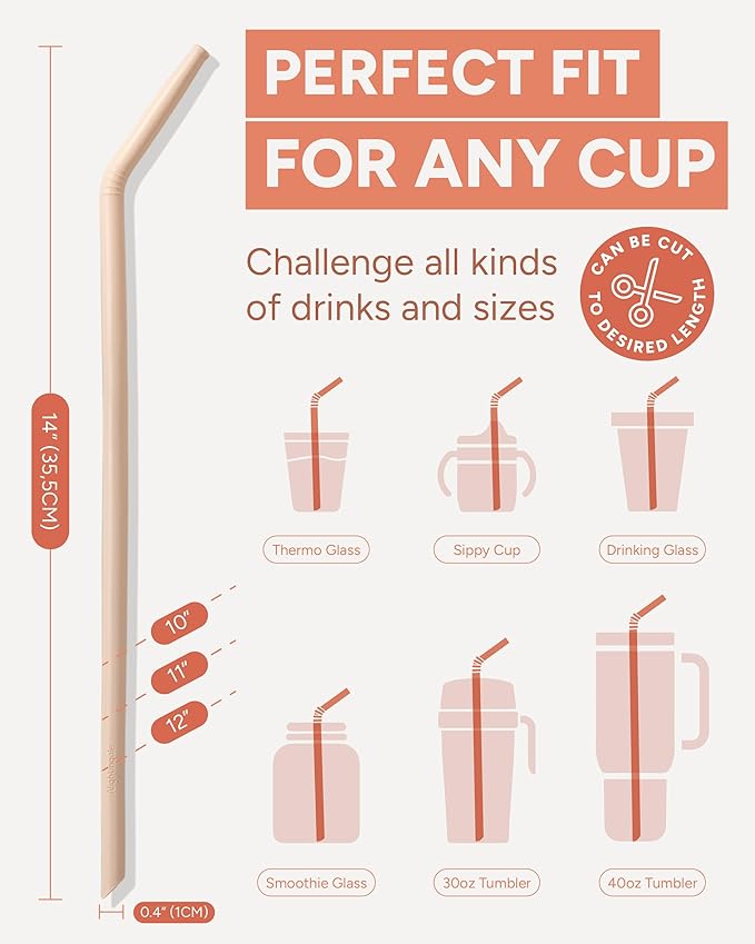 Nightingale 14” Silicone Tumbler Straws - Compatible with Stanley 40 oz cup - Reusable Flexible Long Bendy Drinking Straw with Cleaning Brush for Tall Tumblers - Food-Safe - Set of 6 Oak