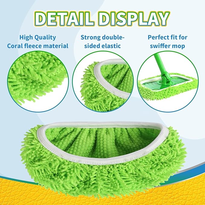 Reusable Microfiber Mop Pads Washable Wet Pads Compatible with Swiffer Sweeper Refills Pads for Wet & Dry Sweeping Cloths Mop Head Replacement for Household Cleaning (Green 6PCS)