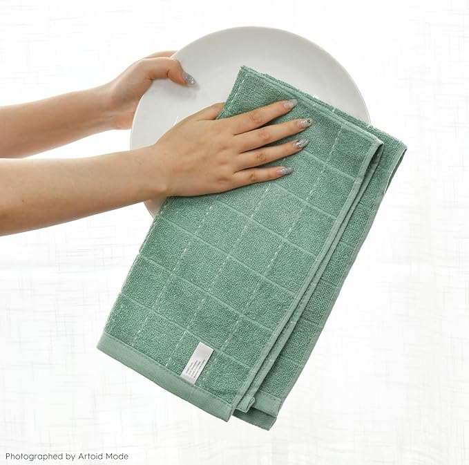 Artoid Mode Checkered Designed Cotton Light Green Terry Kitchen Dish Towels, 15x25 Inch Soft Absorbent Quick Drying Cleaning Tea Towels Set of 4