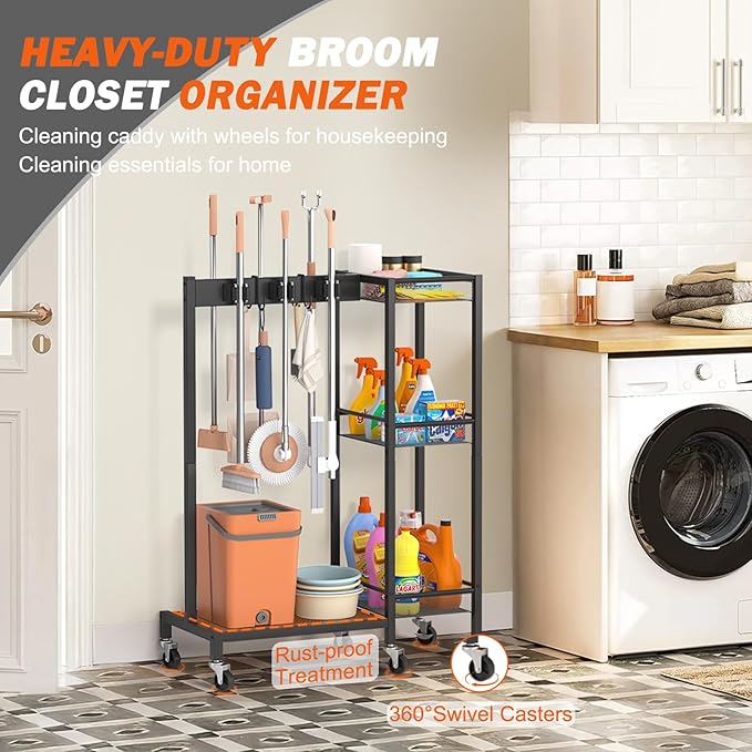 Broom Holder with Cleaning Supplies Organizer, Broom Closet Storage Cabinet with Cleaning Caddy, Cleaning Cart with Mop Hanger Gripper Rack Hooks,Janitorial Cart,Utility Carts Household Essentials