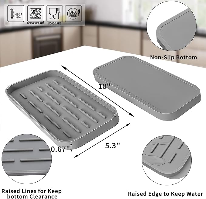 Silicone Kitchen Sink Organizer Tray for Multiple Usage,Eco-Friendly Sponges Holder for Kitchen Bathroom Counter or Sink,Dish Soap Dispenser,Scrubber,Bottle,Cup (Grey, 10"×5.3")