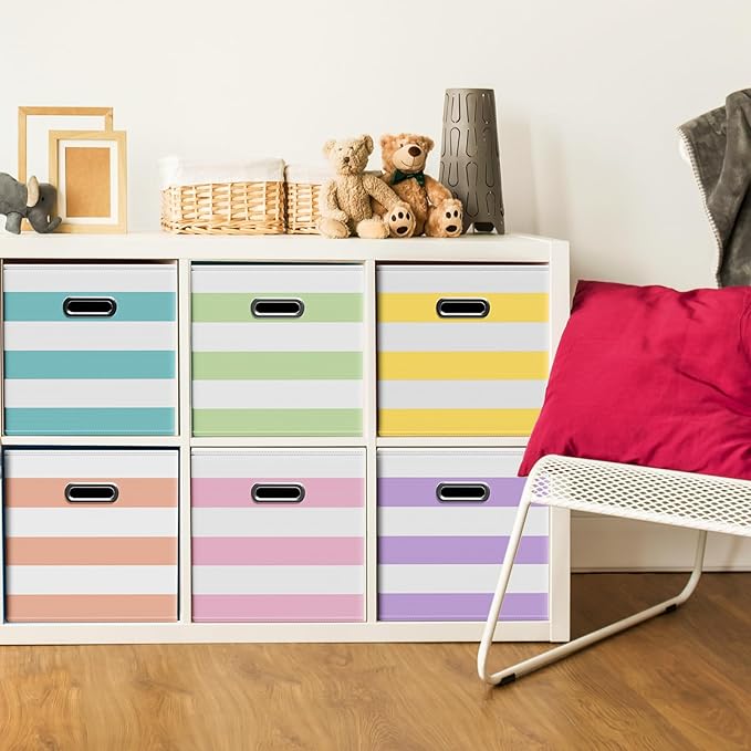 6 Pcs Fabric Storage Cubes Bins with Metal Handle Christmas Storage Bin 11 Inch Macaron Colored Striped Collapsible Bins Holiday Storages Organizer for Gift Books Kids Room Closet and Toys