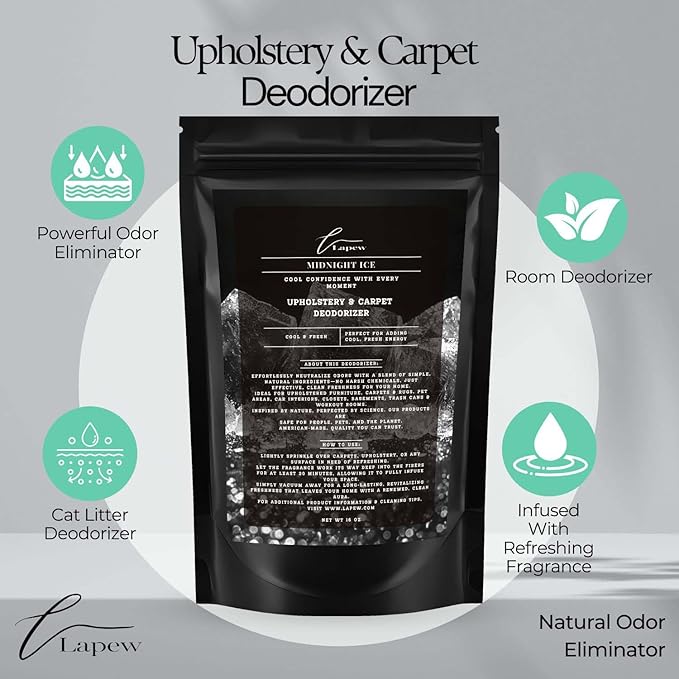 Midnight Ice Carpet Freshener Powder 16 oz | Powerful Odor Eliminator for Home | Upholstery Deodorizer | Carpet Deodorizer | Pet Urine | Cat Litter Box | Black Ice Fragrance.