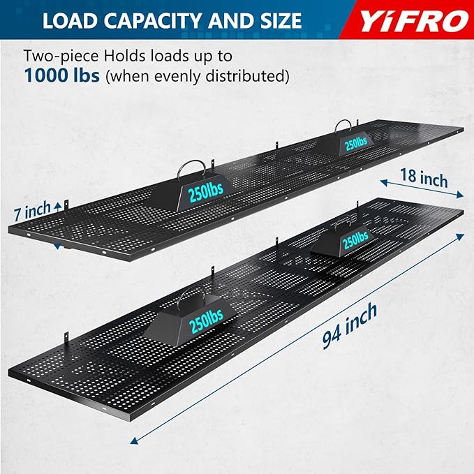 4-Pack 1.5x4ft Heavy Duty Garage Wall Shelving, 1000 lbs Load Capacity, Garage Shelving Wall Mounted, Garage Storage Rack with Hooks, Black