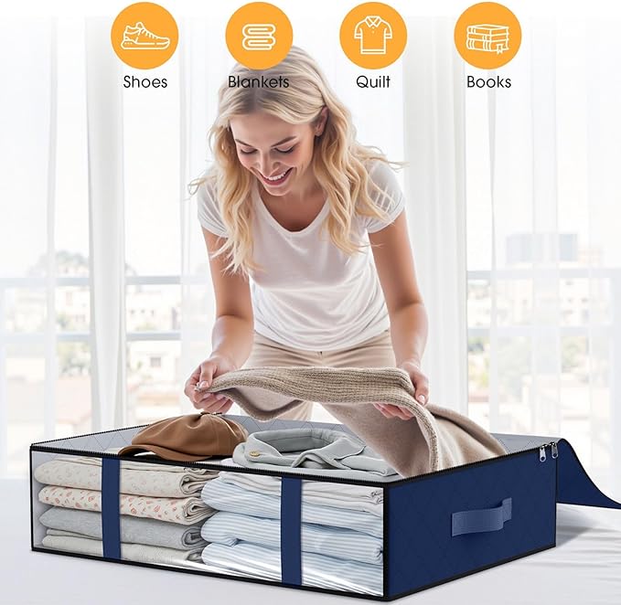 StorageRight Under Bed Storage Bins, 6-Pack 40L Foldable Fabric Storage Bags with Transparent Window, Breathable Organizer for Clothes/Blanket/Comforter/Quilt, Blue