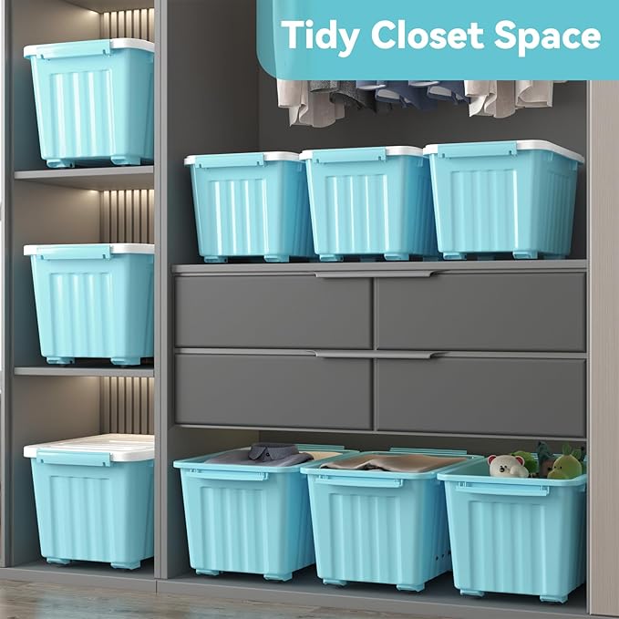 Nazhura 97 Quart Plastic Storage Bin, Blue Stackable and Nestable Storage Boxes with White Lids and Secure Latching Buckles, Large Storage Container, 97 Qt-4 Pack (Blue, 97Quart-4Pack)