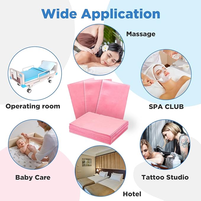 Tegeme 150 Pieces Disposable Massage Table Sheets 31" x 70" Waterproof Bed Sheets Non Woven Bed Cover for Massage Table Beauty Salons Tatto Spa Hotels(Pink)