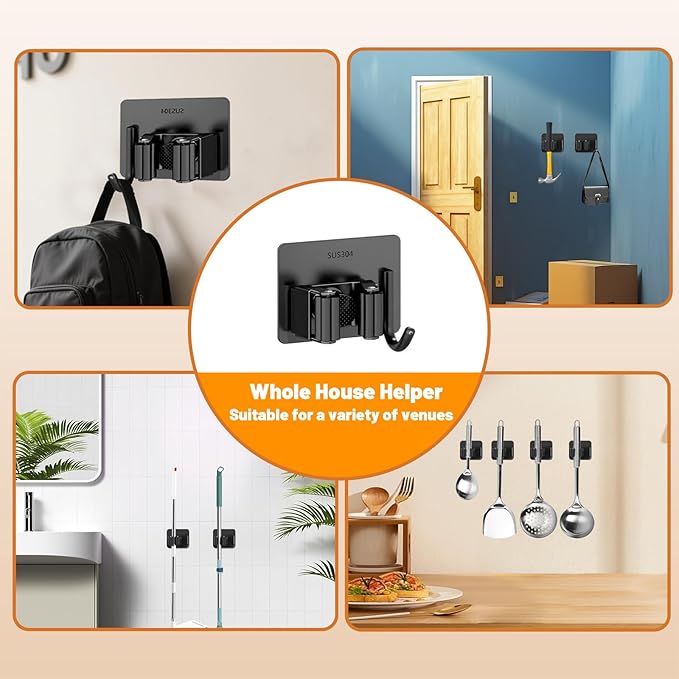 Mop and Broom Holder Wall Mount Stainless Steel Broom Mop Hanger Wall Mounted Garden Tool Rack Organizer for Closet Garage Laundry Room Kitchen Decor (Black) (6)
