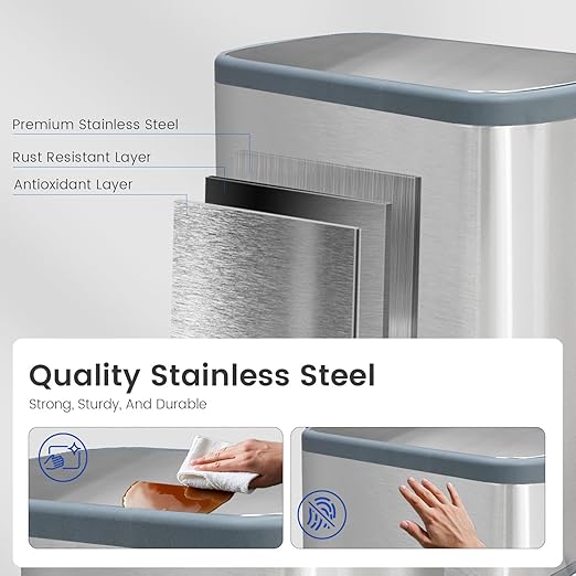 Kitchen Trash Can 16 Gallon, 2 x 30 Liters Trash and Recycle bin Combo, Dual Compartment & Soft Close Lid, Stainless Steel Trash Can, Fingerprint-Proof, 60L Pedal Recycling Bin