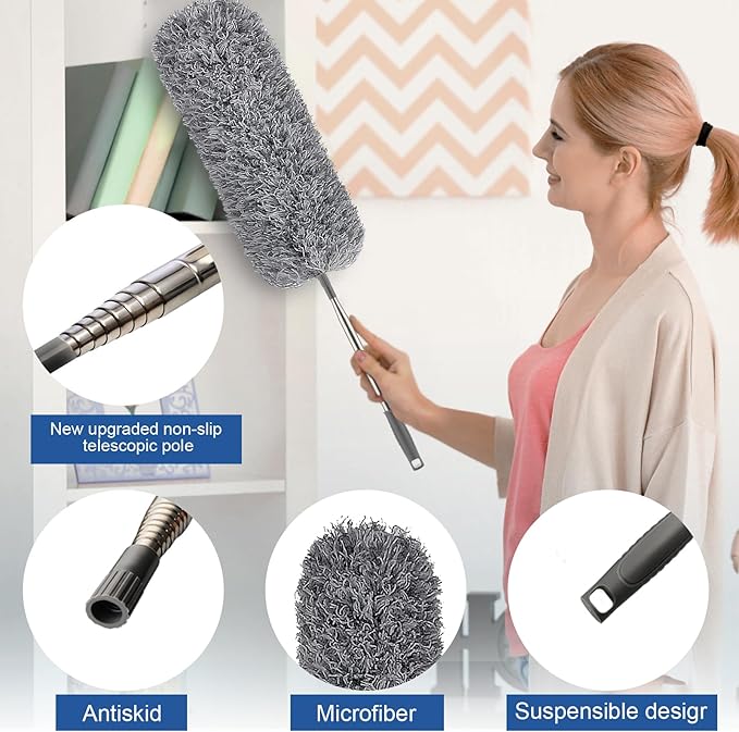 FUUNSOO Microfiber Feather Duster, Duster with Extension Pole 30-100 Inches,Ceiling Fan Cleaner Duster Retractable Gap Dust Brush Cleaner for Cleaning Cobweb,High Ceiling,Blinds, (Dark Gray)