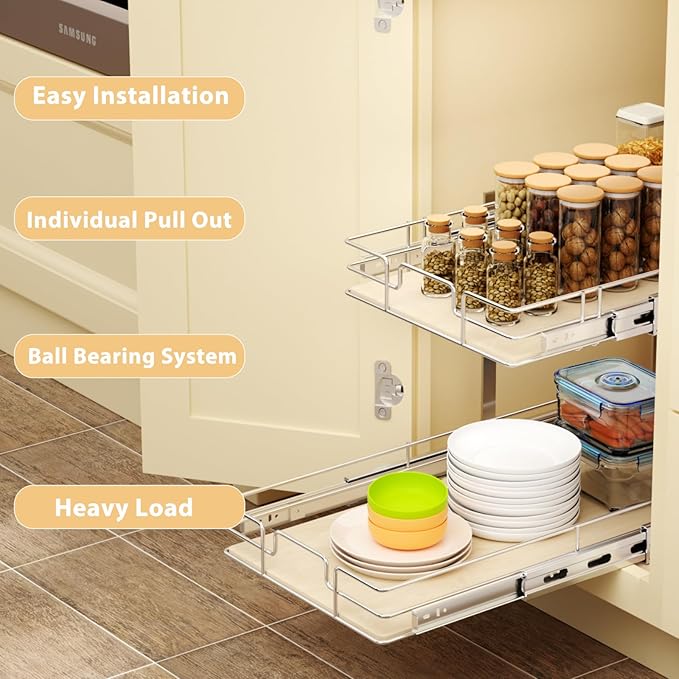 ROOMTEC 2 Tier Individual Pull Out Cabinet Organizer 10½"W x 21½"D, Slide Out Wood Shelves Organizers, Pull Out Drawers Organization and Storage for Kitchen Cabinet