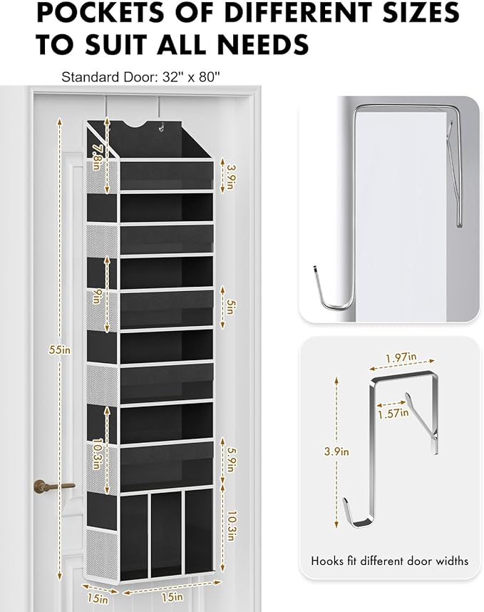 Over The Door Organizer Hanging - 6 Shelf Over Door Organizer with 6 Clear Front & 12 Side Pockets - 50LB Load Behind Storage for Closet Bedroom Bathroom Nursery Baby Essentials(Black)