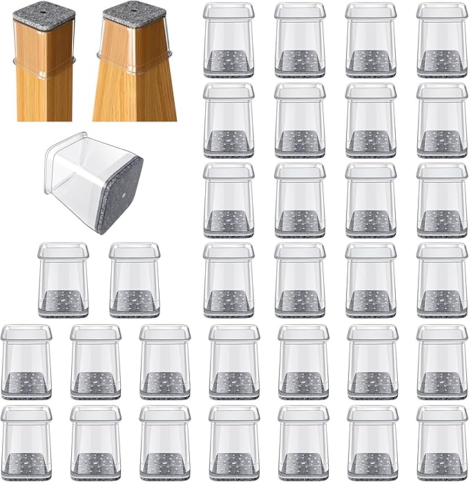 32 Pcs Square Chair Leg Protectors for Hardwood Floors,Felt Furniture Floor Protectors with Silicone Caps, Small Size (Fits Chair Legs with Side Length: 3/4" to 1")
