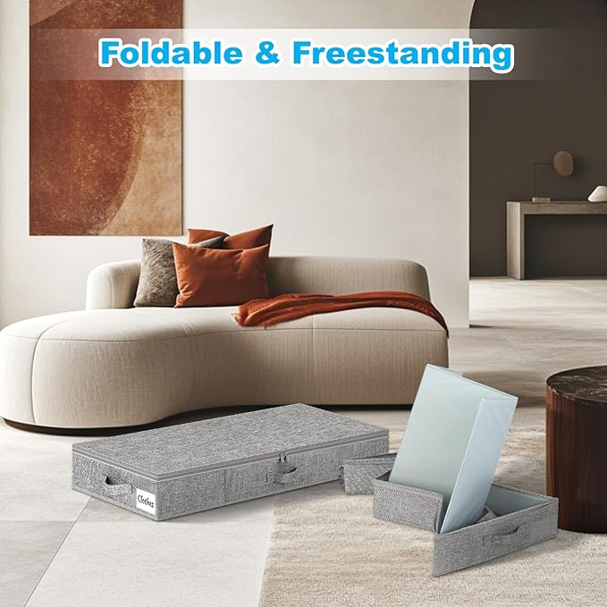 Under Bed Storage Container Bins 2 Pack, 5 Inch Thin Low Profile Underbed Clothes Storage Organizer for Dorm & Home, Use for Blanket and Toy Storage Box W/ Sturdy Bottom/Sides, Foldable Thick Fabric