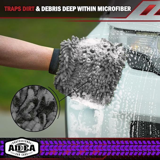 AIDEA Car Wash Mitt Microfiber-2Pack, Scratch-Free& Lint-Free, Premium Chenille Microfiber Wash Mitt-Grey Regular Size (7.12''X10.14'')