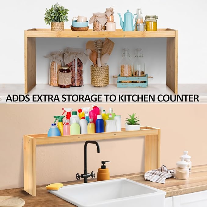 Over the Stove Spice Rack, 33" Wide Bamboo Shelf Rack Organizer for Stove Top