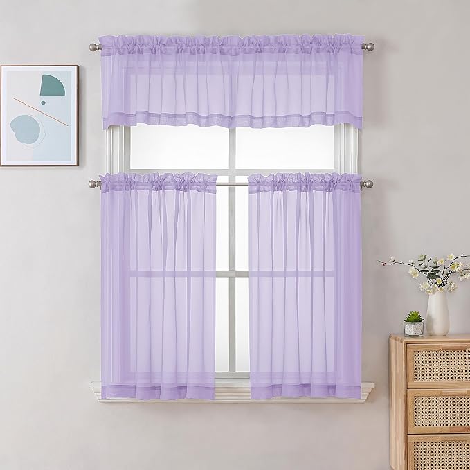 Chyhomenyc Sheer Lilac Tier Curtains 24 Inch Length, Small Window Curtains Treatment for Bathroom Living Room Basement, Short Rod Pocket Cafe Curtain, 42W x 24L Inches, 2 Panels