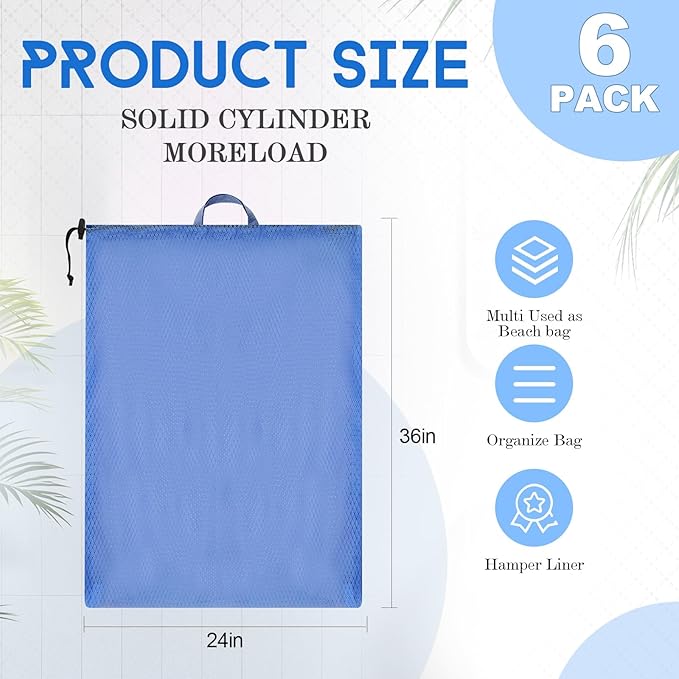 6 Pack 24 x 36 Inches Colorful Mesh Laundry Bag with Handles Machine Washable Secure Drawstring Closure Large Sturdy Mesh Net Laundry for College Travel Dorm Laundromat