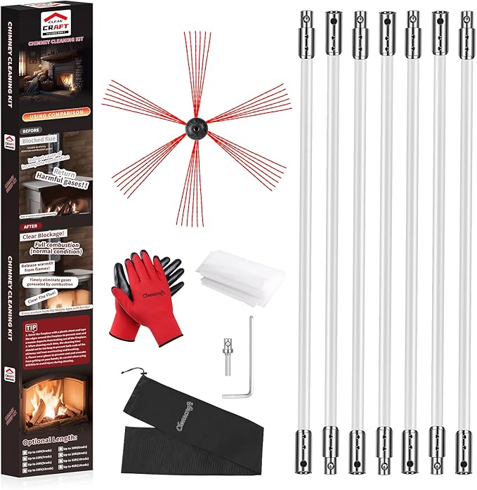 23 Feet Chimney Sweep Kit, Chimney Cleaning Kit with 7 Flexible White Chimney Rods, Chimney Brush, Rotary Chimney Cleaning System Driven by Drill