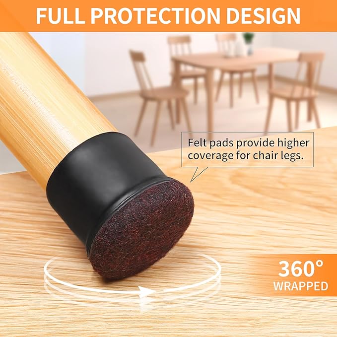 Ezprotekt 24 Pcs Extra Large Chair Leg Floor Protectors for Hardwood Floors, Felt Furniture Pads Covers, Floor Protectors for Chair, Round Bar Stool Leg Protectors Caps (XL Fit: 1.4"-1.65", Black)