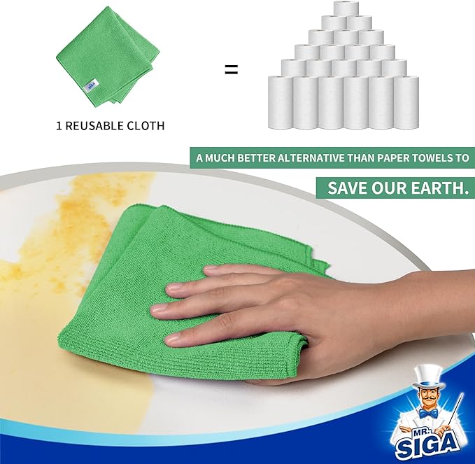 MR.SIGA Microfiber Cleaning Cloths, All-Purpose Microfiber Towels, Streak Free Cleaning Rags, Pack of 12, Green, Size 32 x 32 cm(12.6 x 12.6 inch)