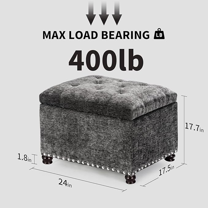 Joveco Storage Ottoman Bench, Rectangle 24" Velvet Foot Rest Stool Square Footstool for Living Room, Bedroom, Charcoal Grey