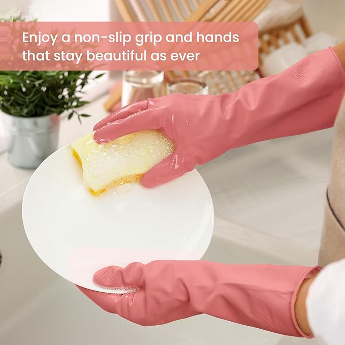 Rubber Cleaning Gloves for Dishwashing, 4 Pairs Reusable Kitchen Gloves for Washing Dishes and Household Cleaning, Colorful Dish Gloves with Flocked Lining and Non-Slip Grip, Pefect for Woman Men - L