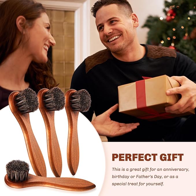 4 Pcs Horsehair Shine Shoes Brush Kit Polish Dauber Applicators Cleaning Leather Shoes Boots Care Brushes Suede Cleaner Brush with Microfiber Shoe Cloth(Brown Handle B)
